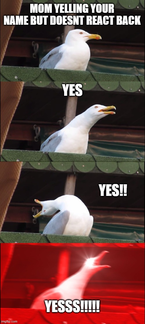 Inhaling Seagull Meme | MOM YELLING YOUR NAME BUT DOESNT REACT BACK; YES; YES!! YESSS!!!!! | image tagged in memes,inhaling seagull | made w/ Imgflip meme maker