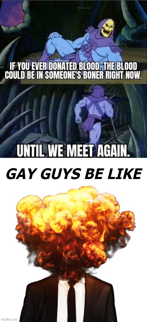 I saw a meme, and added a meme | GAY GUYS BE LIKE | image tagged in skeletor disturbing facts,skeletor until we meet again,funny,gay guy,dirty joke | made w/ Imgflip meme maker