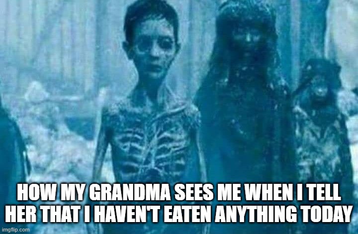 Relatable? | HOW MY GRANDMA SEES ME WHEN I TELL HER THAT I HAVEN'T EATEN ANYTHING TODAY | image tagged in memes | made w/ Imgflip meme maker