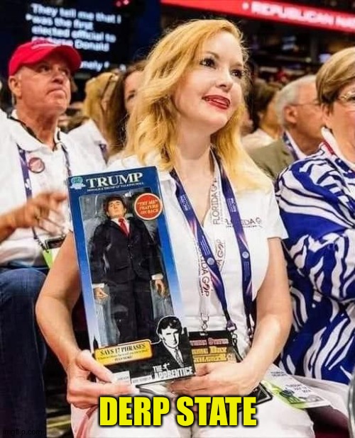 Trump supporter with doll | DERP STATE | image tagged in trump supporter with doll | made w/ Imgflip meme maker