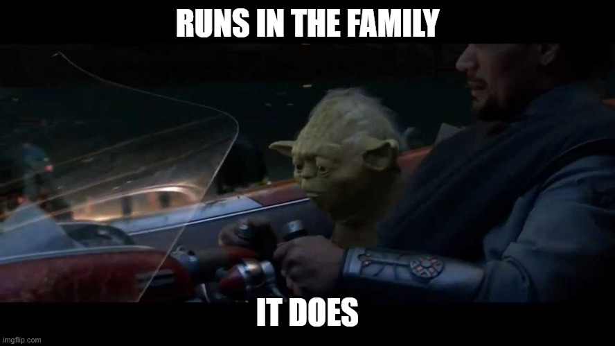 Yoda exile | RUNS IN THE FAMILY IT DOES | image tagged in yoda exile | made w/ Imgflip meme maker