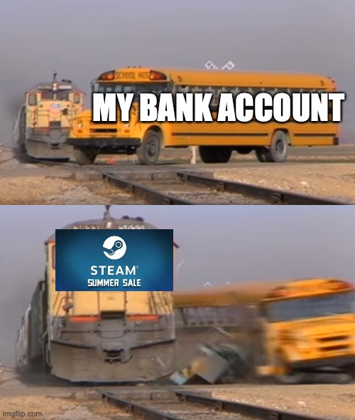 the exact opposite of piracy, pay for games you never play. | MY BANK ACCOUNT | image tagged in a train hitting a school bus,steam,summer sale | made w/ Imgflip meme maker