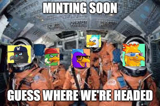 Minting Soon |  MINTING SOON; GUESS WHERE WE'RE HEADED | image tagged in nft,space shuttle,space,chickens | made w/ Imgflip meme maker