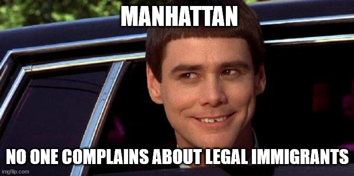 dumb and dumber | MANHATTAN NO ONE COMPLAINS ABOUT LEGAL IMMIGRANTS | image tagged in dumb and dumber | made w/ Imgflip meme maker