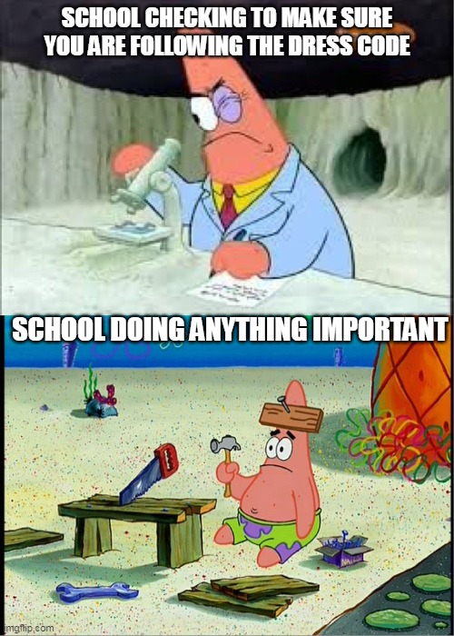 School sucks | SCHOOL CHECKING TO MAKE SURE YOU ARE FOLLOWING THE DRESS CODE; SCHOOL DOING ANYTHING IMPORTANT | image tagged in patrick smart dumb | made w/ Imgflip meme maker