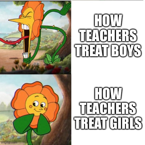 That’s why teachers are not doing their job correctly | HOW TEACHERS TREAT BOYS; HOW TEACHERS TREAT GIRLS | image tagged in cuphead flower | made w/ Imgflip meme maker