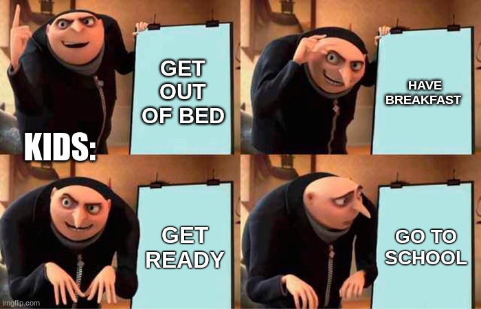 Gru's Plan Meme | GET OUT OF BED; HAVE BREAKFAST; KIDS:; GET READY; GO TO SCHOOL | image tagged in memes,gru's plan | made w/ Imgflip meme maker