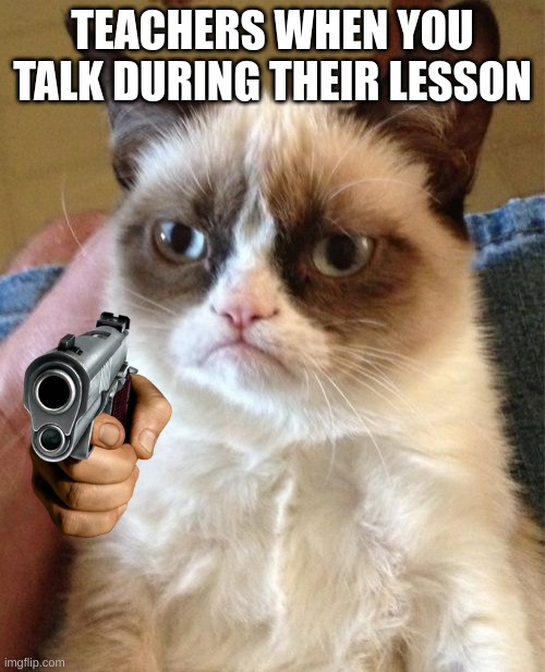 Grumpy Cat Meme | TEACHERS WHEN YOU TALK DURING THEIR LESSON | image tagged in memes,grumpy cat | made w/ Imgflip meme maker