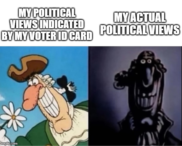 Reality can be decieving |  MY POLITICAL VIEWS INDICATED BY MY VOTER ID CARD; MY ACTUAL POLITICAL VIEWS | image tagged in blank white template,dr livesey light and dark | made w/ Imgflip meme maker