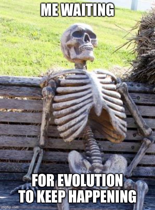 Waiting Skeleton Meme | ME WAITING FOR EVOLUTION TO KEEP HAPPENING | image tagged in memes,waiting skeleton | made w/ Imgflip meme maker