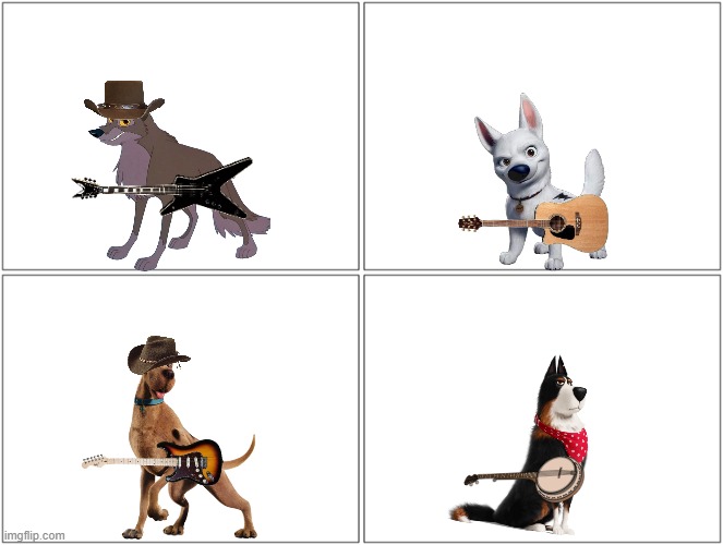 dueling animated dogs | image tagged in memes,blank comic panel 2x2,dogs,music | made w/ Imgflip meme maker