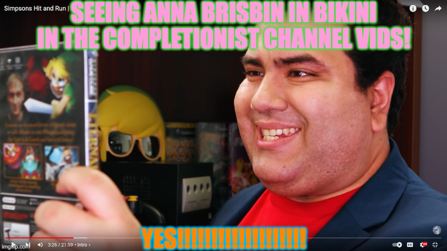 THE COMPLETIONIST | SEEING ANNA BRISBIN IN BIKINI IN THE COMPLETIONIST CHANNEL VIDS! YES!!!!!!!!!!!!!!!!!!! | image tagged in the completionist | made w/ Imgflip meme maker