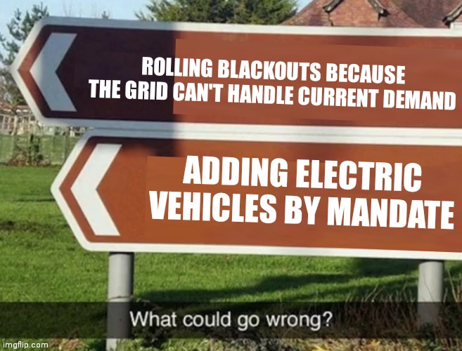 What could go wrong | ROLLING BLACKOUTS BECAUSE THE GRID CAN'T HANDLE CURRENT DEMAND; ADDING ELECTRIC VEHICLES BY MANDATE | image tagged in what could go wrong | made w/ Imgflip meme maker