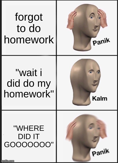 why does homework exist | forgot to do homework; "wait i did do my homework"; "WHERE DID IT GOOOOOOO" | image tagged in memes,panik kalm panik | made w/ Imgflip meme maker