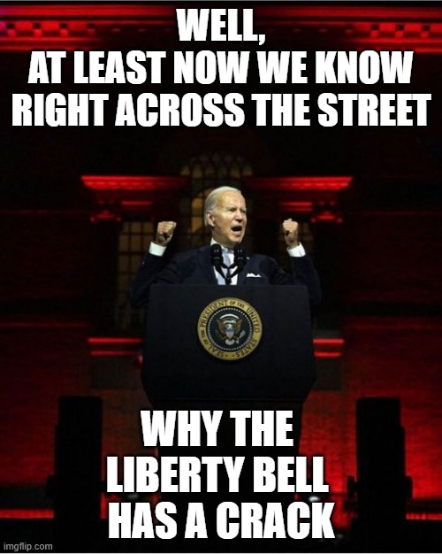 Let Freedom Ring, from Sea to Shining Sea | WELL,
AT LEAST NOW WE KNOW
RIGHT ACROSS THE STREET; WHY THE 
LIBERTY BELL 
HAS A CRACK | image tagged in michelle obama,batman slapping robin,cultural marxism,canada day,queen of england,inappropriate bill clinton | made w/ Imgflip meme maker