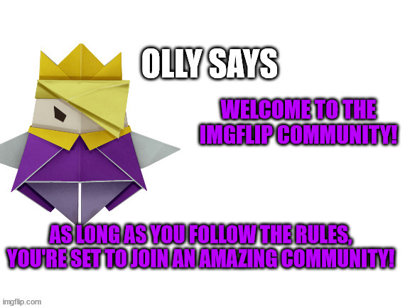 Olly Says | WELCOME TO THE IMGFLIP COMMUNITY! AS LONG AS YOU FOLLOW THE RULES, YOU'RE SET TO JOIN AN AMAZING COMMUNITY! | image tagged in olly says | made w/ Imgflip meme maker