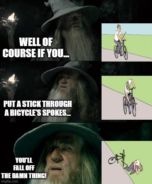 Don't Cloud The Issue With Facts | WELL OF COURSE IF YOU... PUT A STICK THROUGH A BICYCLE'S SPOKES... YOU'LL FALL OFF THE DAMN THING! | image tagged in memes,confused gandalf,humor,funny,so true,facts | made w/ Imgflip meme maker
