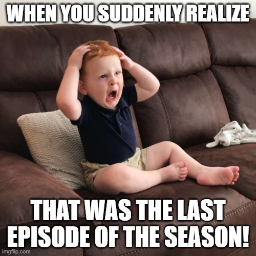 Last Episode | WHEN YOU SUDDENLY REALIZE; THAT WAS THE LAST EPISODE OF THE SEASON! | image tagged in terrified toddler | made w/ Imgflip meme maker