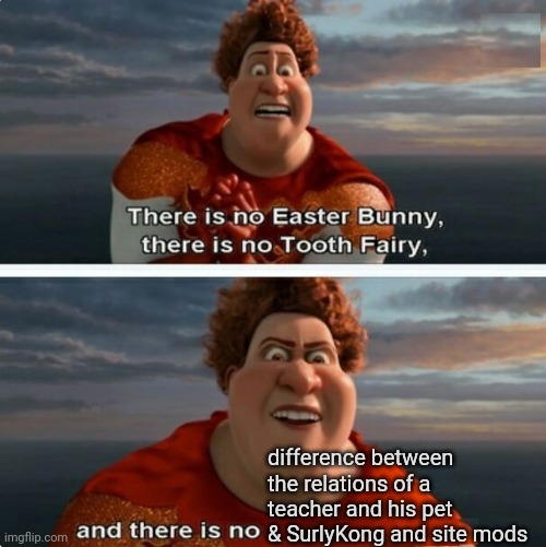 TIGHTEN MEGAMIND "THERE IS NO EASTER BUNNY" | difference between the relations of a teacher and his pet & SurlyKong and site mods | image tagged in tighten megamind there is no easter bunny | made w/ Imgflip meme maker