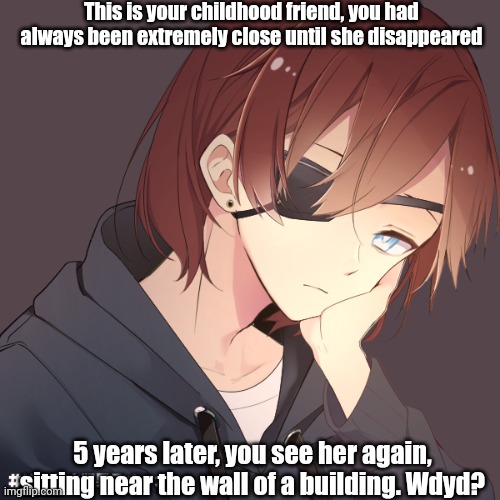 Since it doesn't clearly state the rp, it is for AOT, and ofc, knowledge recommended. Have fun :] | This is your childhood friend, you had always been extremely close until she disappeared; 5 years later, you see her again, sitting near the wall of a building. Wdyd? | made w/ Imgflip meme maker