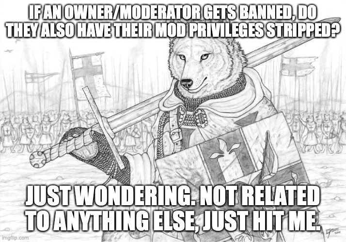 Fursader. | IF AN OWNER/MODERATOR GETS BANNED, DO THEY ALSO HAVE THEIR MOD PRIVILEGES STRIPPED? JUST WONDERING. NOT RELATED TO ANYTHING ELSE, JUST HIT ME. | image tagged in fursader | made w/ Imgflip meme maker