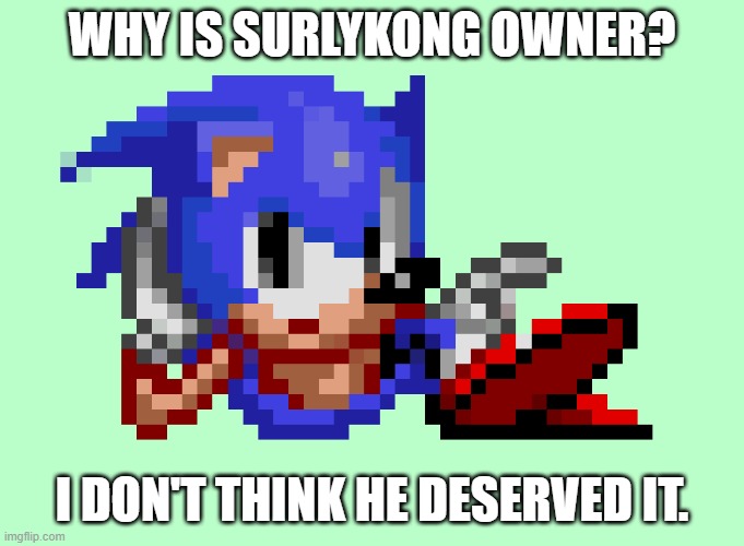 surlykong, if you unfeature my meme, I will personally fly to your house and take you to a government complex, I will crash it t | WHY IS SURLYKONG OWNER? I DON'T THINK HE DESERVED IT. | image tagged in sonic waiting | made w/ Imgflip meme maker