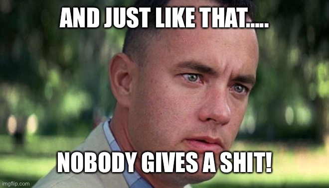 Forest Gump | AND JUST LIKE THAT….. NOBODY GIVES A SHIT! | image tagged in forest gump | made w/ Imgflip meme maker