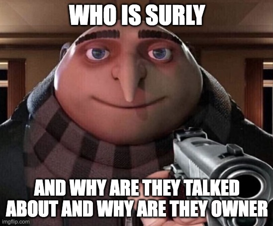 Gru Gun | WHO IS SURLY; AND WHY ARE THEY TALKED ABOUT AND WHY ARE THEY OWNER | image tagged in gru gun | made w/ Imgflip meme maker