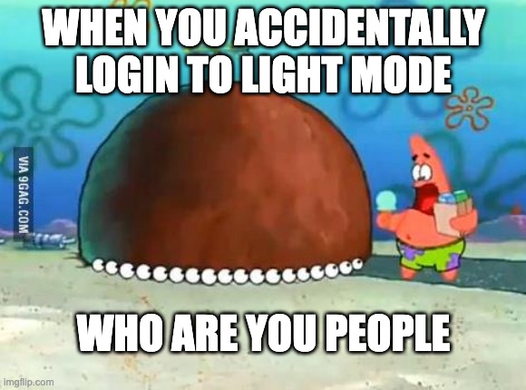 Who Are You People Patrick | WHEN YOU ACCIDENTALLY LOGIN TO LIGHT MODE; WHO ARE YOU PEOPLE | image tagged in who are you people patrick | made w/ Imgflip meme maker