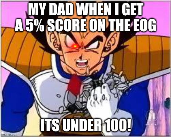its under 100? | MY DAD WHEN I GET A 5% SCORE ON THE EOG; ITS UNDER 100! | image tagged in its over 9000,test | made w/ Imgflip meme maker