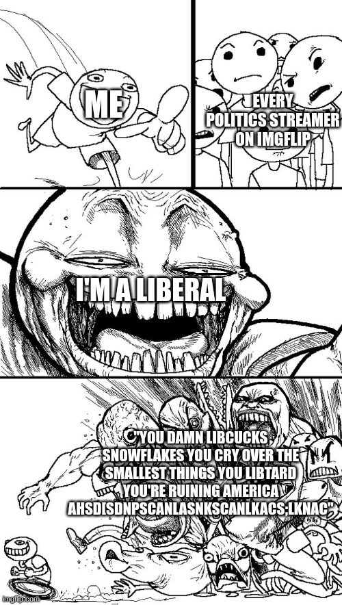 Hey guys! | EVERY POLITICS STREAMER ON IMGFLIP; ME; I'M A LIBERAL; "YOU DAMN LIBCUCKS SNOWFLAKES YOU CRY OVER THE SMALLEST THINGS YOU LIBTARD YOU'RE RUINING AMERICA AHSD[SDNPSCANLASNKSCANLKACS;LKNAC" | image tagged in hey guys | made w/ Imgflip meme maker