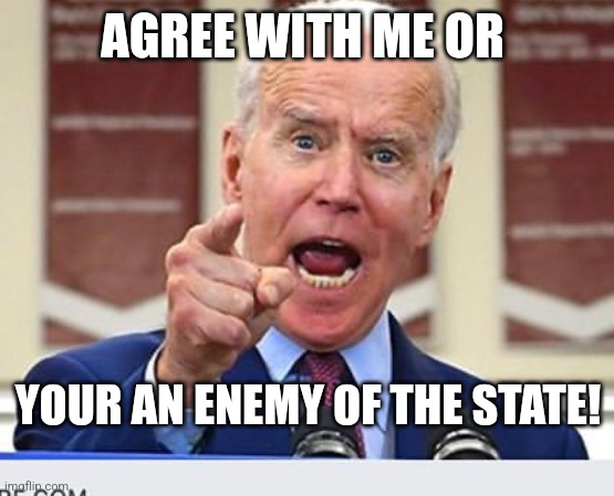 Joe Biden no malarkey | AGREE WITH ME OR; YOUR AN ENEMY OF THE STATE! | image tagged in joe biden no malarkey | made w/ Imgflip meme maker