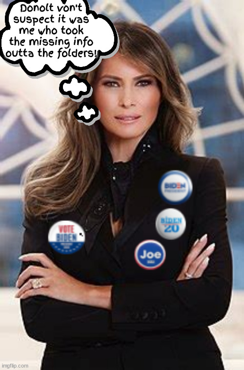 Setup | Donolt von't suspect it was me who took the missing info outta the folders! | image tagged in melania trump,donald trump,doj,missing documents',maga | made w/ Imgflip meme maker