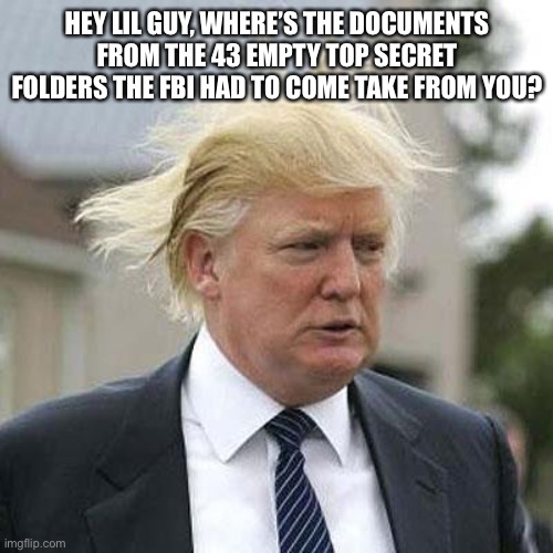 Donald Trump | HEY LIL GUY, WHERE’S THE DOCUMENTS FROM THE 43 EMPTY TOP SECRET FOLDERS THE FBI HAD TO COME TAKE FROM YOU? | image tagged in donald trump | made w/ Imgflip meme maker