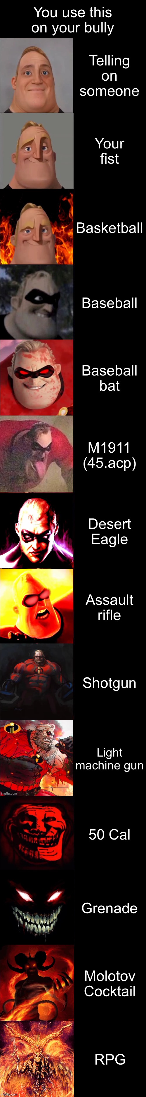 POV: you use this on your bully | You use this on your bully; Telling on someone; Your fist; Basketball; Baseball; Baseball bat; M1911 (45.acp); Desert Eagle; Assault rifle; Shotgun; Light machine gun; 50 Cal; Grenade; Molotov Cocktail; RPG | image tagged in mr incredible becoming evil extended | made w/ Imgflip meme maker