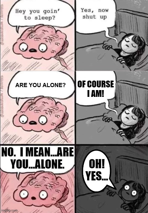 Alone Time Sucks | OF COURSE
I AM! ARE YOU ALONE? NO.  I MEAN...ARE YOU...ALONE. OH!
YES... | image tagged in memes,brain before sleep,life,reality,real life,depression | made w/ Imgflip meme maker