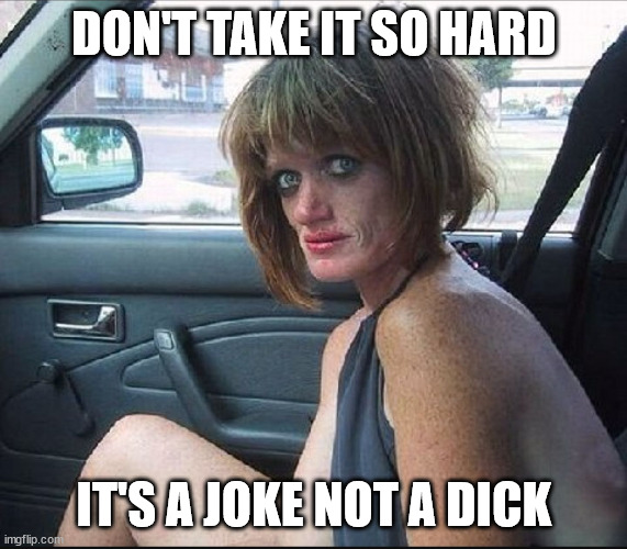 crack whore hooker | DON'T TAKE IT SO HARD IT'S A JOKE NOT A DICK | image tagged in crack whore hooker | made w/ Imgflip meme maker