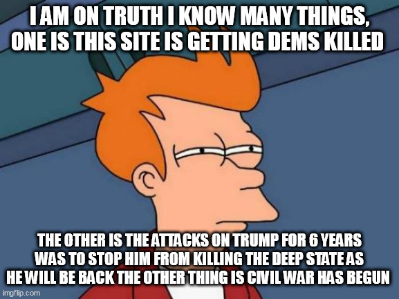 Futurama Fry Meme | I AM ON TRUTH I KNOW MANY THINGS, ONE IS THIS SITE IS GETTING DEMS KILLED; THE OTHER IS THE ATTACKS ON TRUMP FOR 6 YEARS WAS TO STOP HIM FROM KILLING THE DEEP STATE AS HE WILL BE BACK THE OTHER THING IS CIVIL WAR HAS BEGUN | image tagged in memes,futurama fry | made w/ Imgflip meme maker