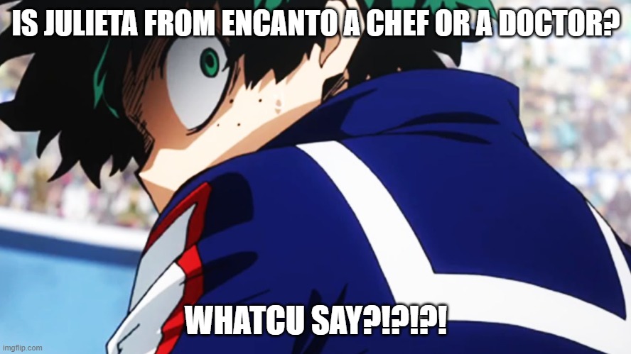 WHACU SAY?!?!?! | IS JULIETA FROM ENCANTO A CHEF OR A DOCTOR? WHATCU SAY?!?!?! | image tagged in deku what you say,oh no | made w/ Imgflip meme maker