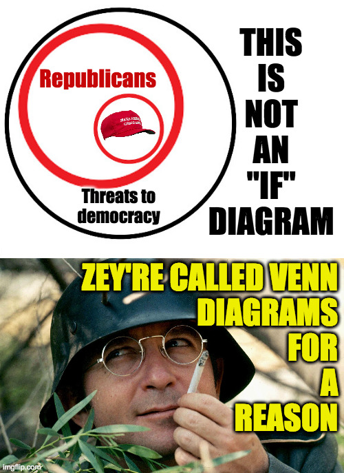 He's right, you know. | THIS
IS
NOT
AN
"IF"
DIAGRAM; Republicans; Threats to
democracy; ZEY'RE CALLED VENN
DIAGRAMS
FOR
A
REASON | image tagged in memes,republicans,terrorists | made w/ Imgflip meme maker