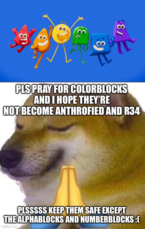If coloranthro and r34 exist, I’ll be freaking out | PLS PRAY FOR COLORBLOCKS AND I HOPE THEY’RE NOT BECOME ANTHROFIED AND R34; PLSSSSS KEEP THEM SAFE EXCEPT THE ALPHABLOCKS AND NUMBERBLOCKS :( | image tagged in cheems praying,colorblocks,colourblocks | made w/ Imgflip meme maker