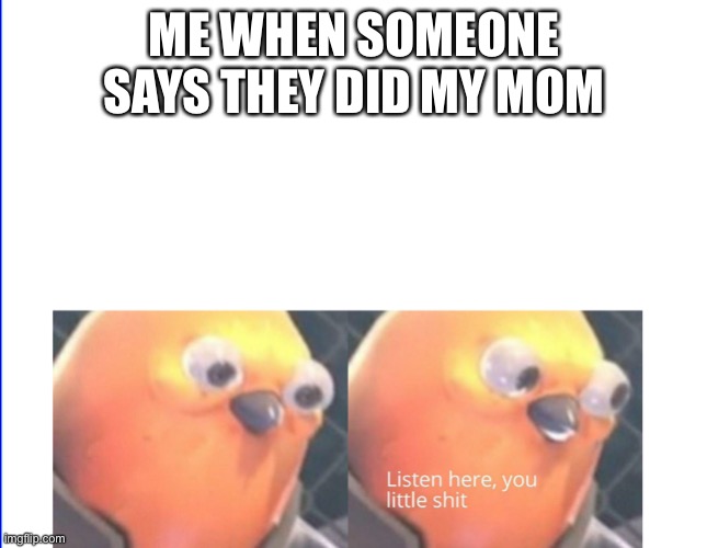 Listen here you little shit | ME WHEN SOMEONE SAYS THEY DID MY MOM | image tagged in listen here you little shit | made w/ Imgflip meme maker