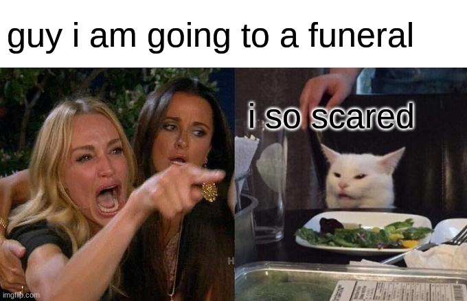 help me | guy i am going to a funeral; i so scared | image tagged in memes,woman yelling at cat | made w/ Imgflip meme maker