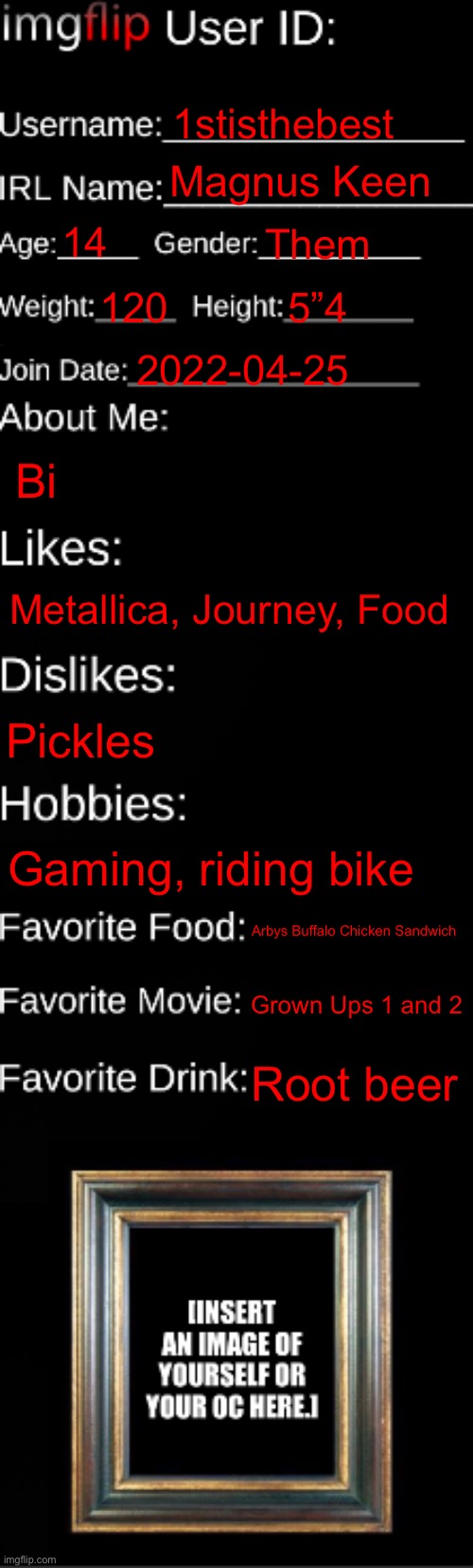 Journey is a band, just so you know | 1stisthebest; Magnus Keen; 14; Them; 120; 5”4; 2022-04-25; Bi; Metallica, Journey, Food; Pickles; Gaming, riding bike; Arbys Buffalo Chicken Sandwich; Grown Ups 1 and 2; Root beer | image tagged in imgflip id card | made w/ Imgflip meme maker