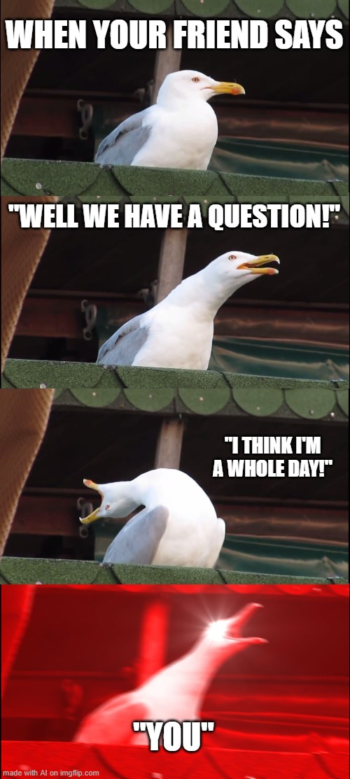 I was think just for a normal great day | WHEN YOUR FRIEND SAYS; "WELL WE HAVE A QUESTION!"; "I THINK I'M A WHOLE DAY!"; "YOU" | image tagged in memes,inhaling seagull | made w/ Imgflip meme maker