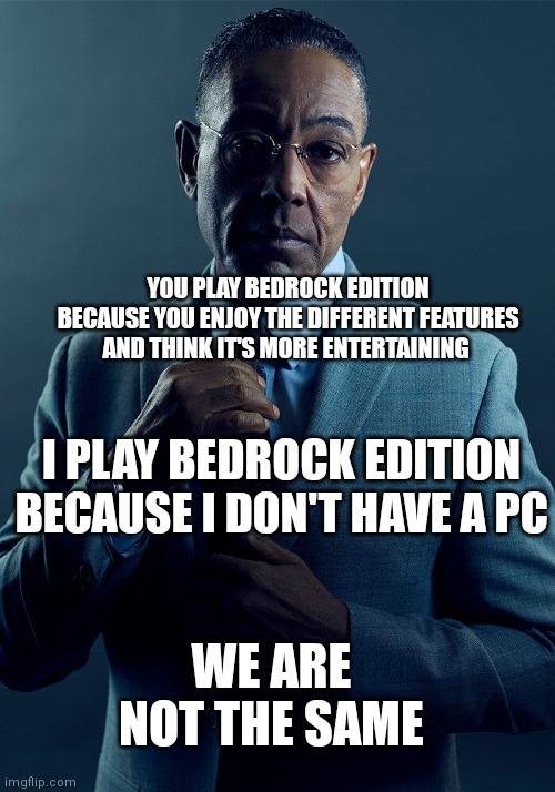 Gus Fring we are not the same | YOU PLAY BEDROCK EDITION BECAUSE YOU ENJOY THE DIFFERENT FEATURES AND THINK IT'S MORE ENTERTAINING; I PLAY BEDROCK EDITION BECAUSE I DON'T HAVE A PC; WE ARE NOT THE SAME | image tagged in gus fring we are not the same | made w/ Imgflip meme maker