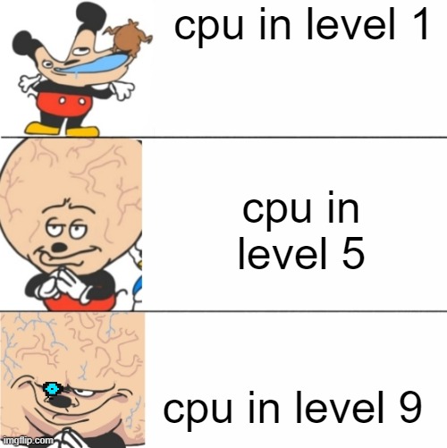 CPU IN SMASH BROS | cpu in level 1; cpu in level 5; cpu in level 9 | image tagged in expanding brain mokey | made w/ Imgflip meme maker