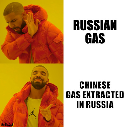 Europe dealing with gas crisis | RUSSIAN GAS; CHINESE GAS EXTRACTED IN RUSSIA | image tagged in drake hotline bling,russia,ukraine flag,europe,gas,china | made w/ Imgflip meme maker