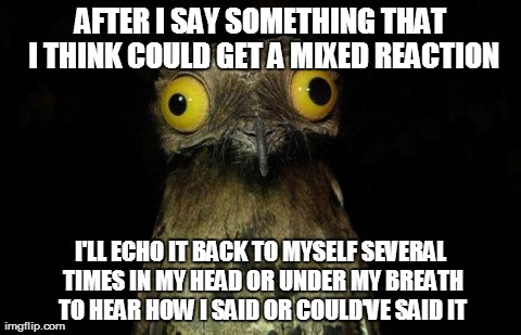 Weird Stuff I Do Potoo Meme | AFTER I SAY SOMETHING THAT I THINK COULD GET A MIXED REACTION I'LL ECHO IT BACK TO MYSELF SEVERAL TIMES IN MY HEAD OR UNDER MY BREATH TO HEA | image tagged in memes,weird stuff i do potoo,AdviceAnimals | made w/ Imgflip meme maker