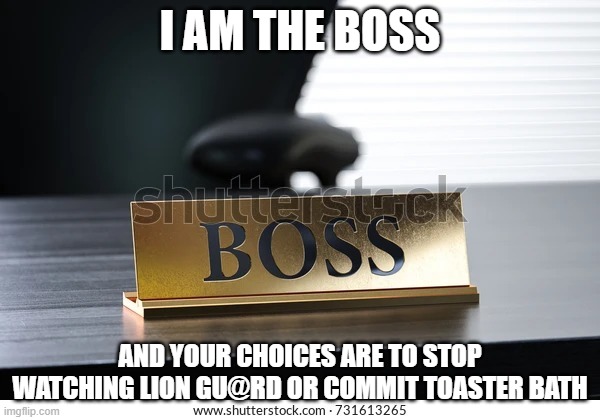 Boss nameplate | I AM THE BOSS; AND YOUR CHOICES ARE TO STOP WATCHING LION GU@RD OR COMMIT TOASTER BATH | image tagged in boss nameplate | made w/ Imgflip meme maker